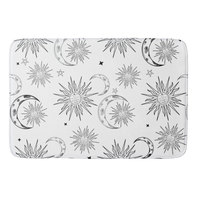 Black & White Whimsical Sun Moon & Stars Bath Mat (Front)