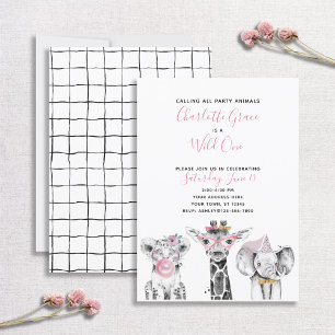 Black White Wild One Girl's First Birthday Party Invitation