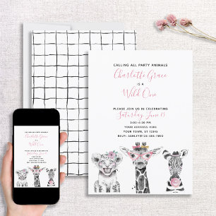 Black White Wild One Girl's First Birthday Party Invitation