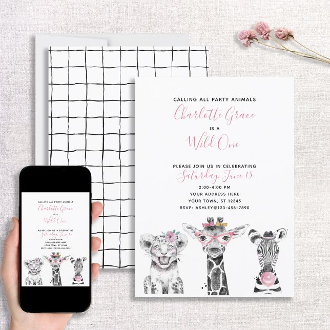 Black White Wild One Girl's First Birthday Party Invitation (Creator Uploaded)