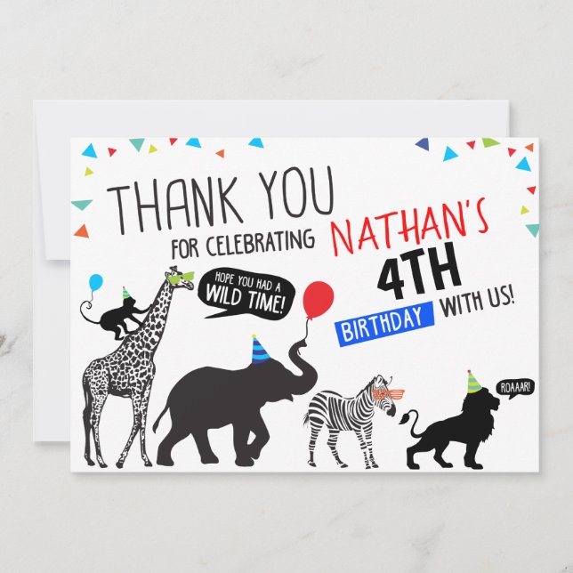 Black White Wild Party Animal Birthday Thank you Invitation (Front)