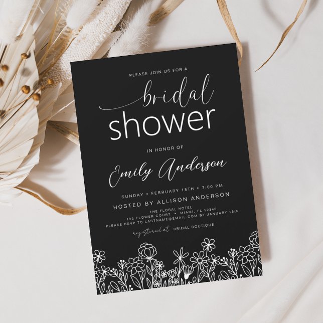 Black White Wildflower Bridal Shower Elegant  Invitation (Creator Uploaded)
