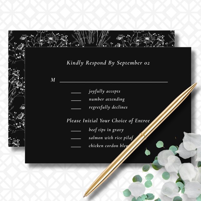 Black White Wildflower Menu Selection Wedding RSVP (Creator Uploaded)
