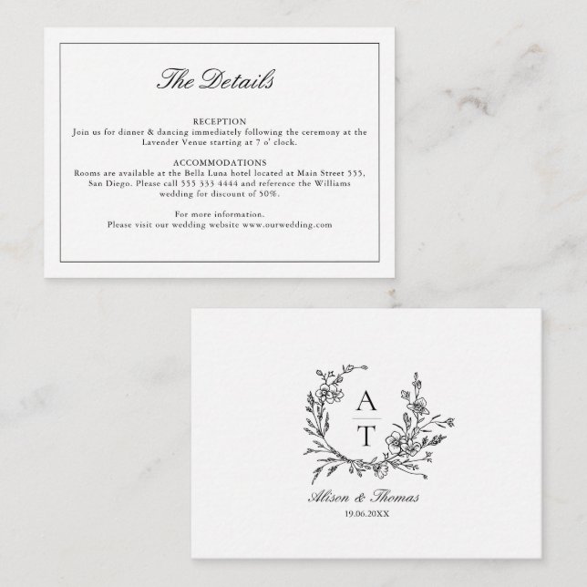 Black & White Wildflower Monogram Details Card (Front/Back)