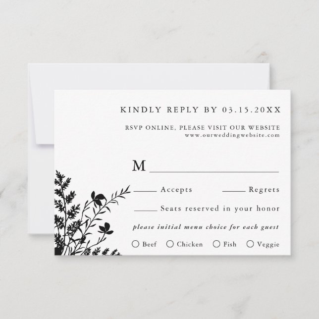Black & White Wildflower Wedding Meal Choice  RSVP Card (Front)