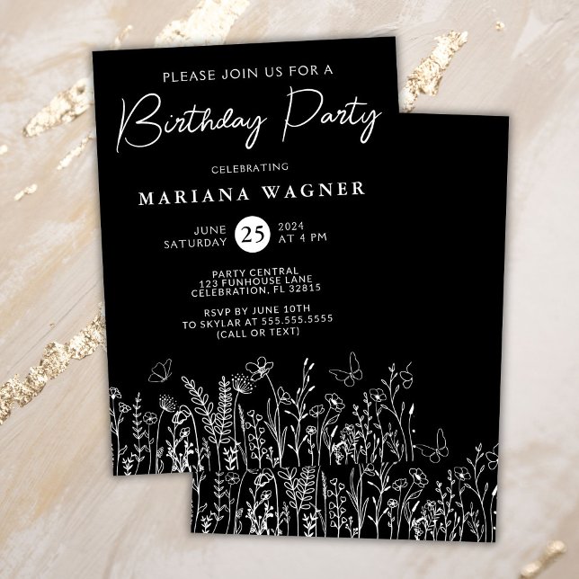 Black White Wildflowers Birthday Party Invitation (Creator Uploaded)