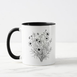 Black White Wildflowers Line Art Mug