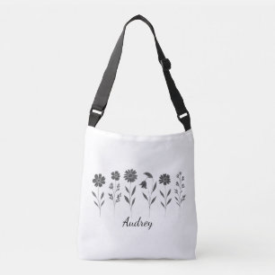 Black & White Wildflowers Unisex Add Name Crossbody Bag