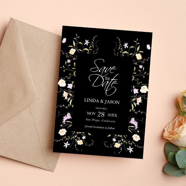 Black & White Wildflowers Wedding Save The Date Invitation (Creator Uploaded)