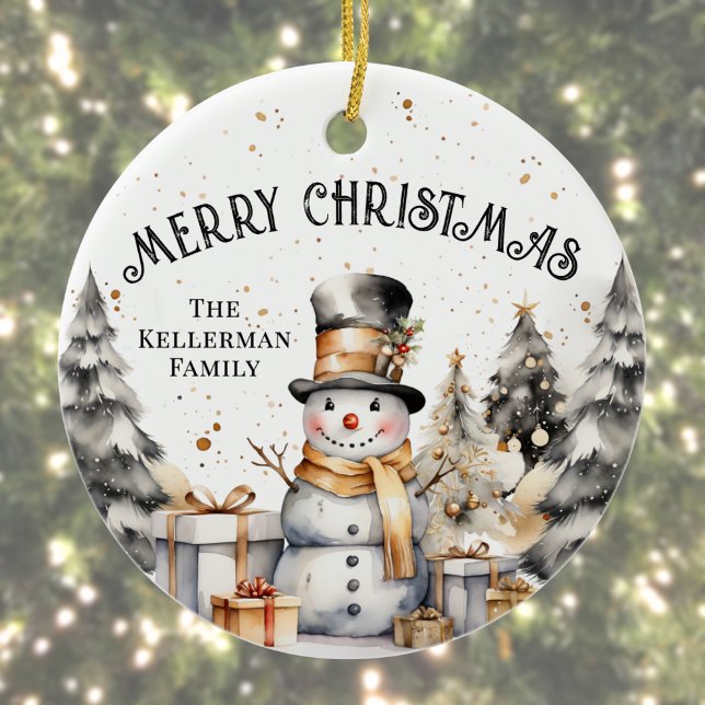 Black White Winter Merry Christmas Ceramic Tree Decoration (Black White Winter Snowman Merry Christmas Ceramic Ornament )