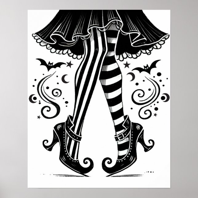 Black & White Witch Legs Whimsical Halloween  Poster (Front)
