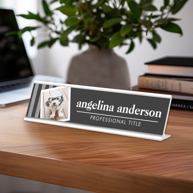 Black White with Name Professional Title and Photo Desk Name Plate (Personalized Desk Sign with Name and Title - Custom Executive Name Plate)