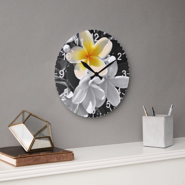 Black White With One Yellow Frangipani Round Clock (Office)