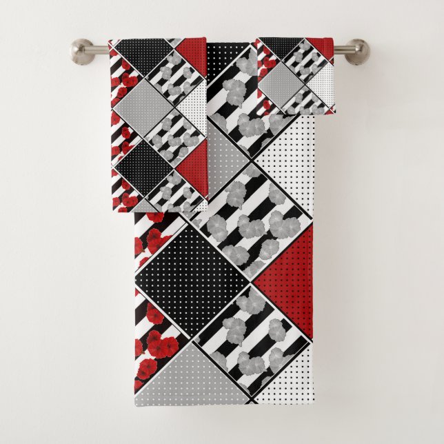 Black white with red retro patchwork bath towel set (Insitu)