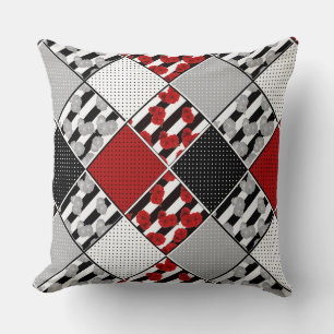 Black white with red retro patchwork cushion