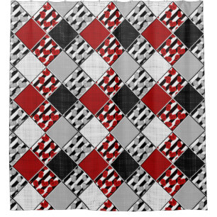 Black white with red retro patchwork shower curtain