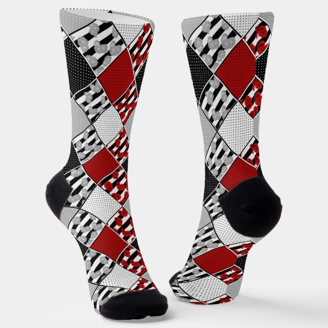 Black white with red retro patchwork socks (Angled)