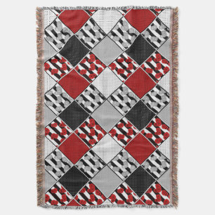 Black white with red retro patchwork throw blanket