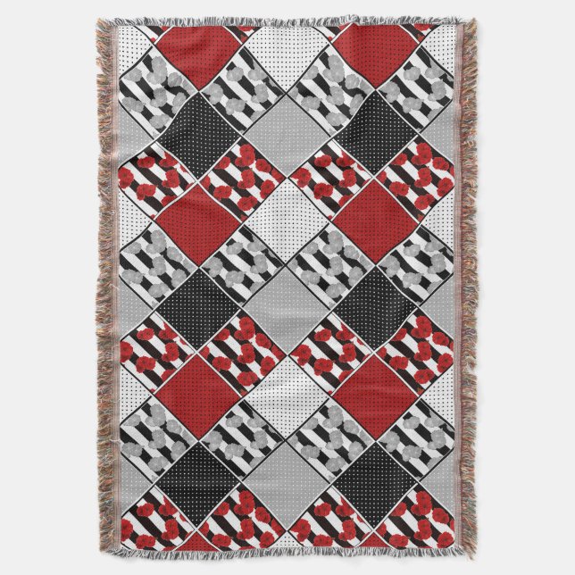 Black white with red retro patchwork throw blanket (Front Vertical)