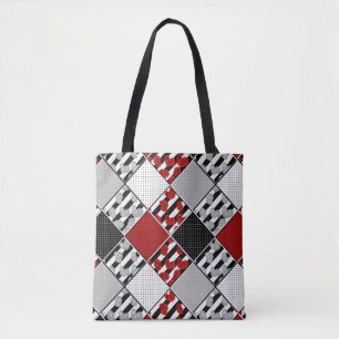 Black white with red retro patchwork tote bag
