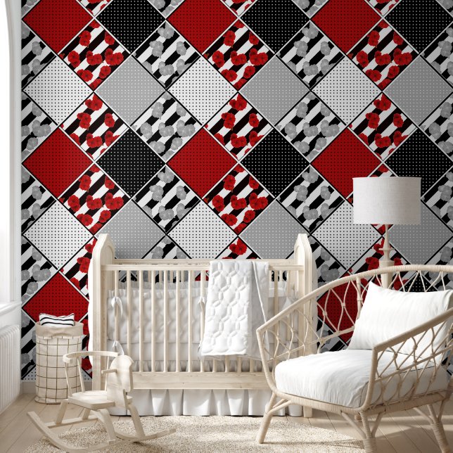 Black white with red retro patchwork wallpaper (Kids)