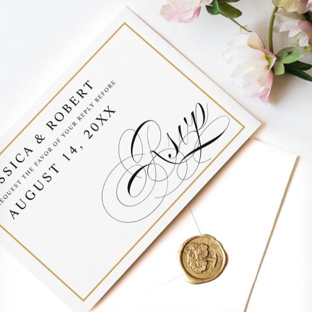 Black & White with Solid Gold Wedding RSVP Card (Creator Uploaded)