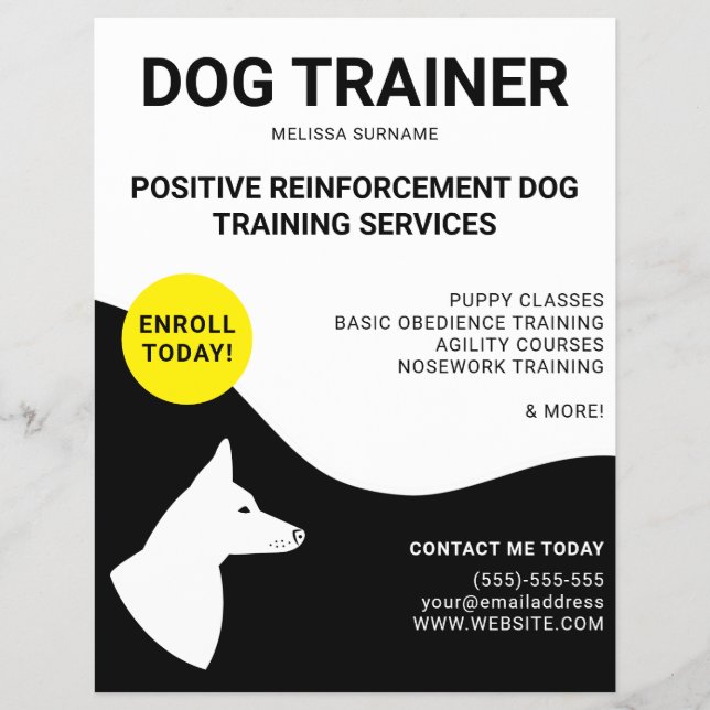 Black & White With Yellow Dog Design - Dog Trainer Flyer (Front)