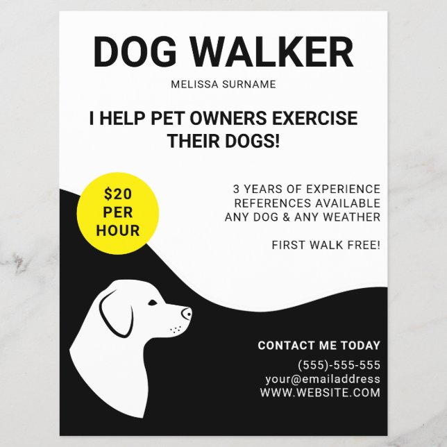 Black & White With Yellow Dog Design - Dog Walker Flyer (Front)