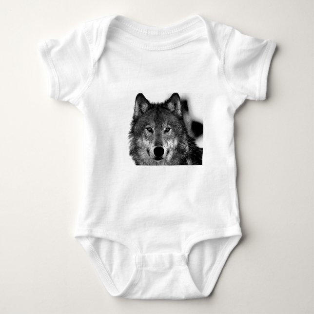 Black & White Wolf Artwork Baby Bodysuit (Front)