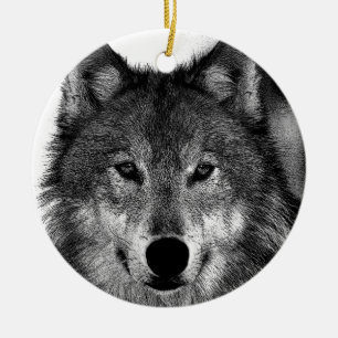 Black & White Wolf Artwork Ceramic Tree Decoration
