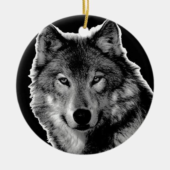 Black & White Wolf Artwork Ceramic Tree Decoration (Front)