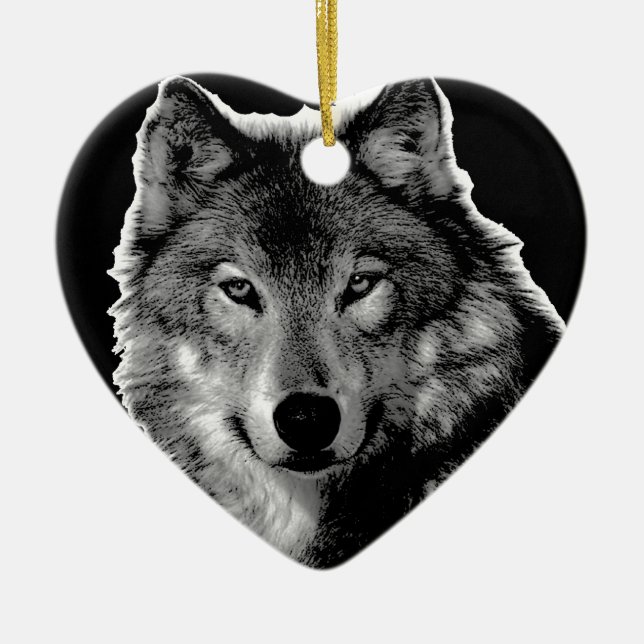 Black & White Wolf Artwork Ceramic Tree Decoration (Front)