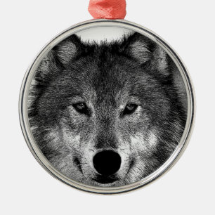 Black & White Wolf Artwork Metal Tree Decoration