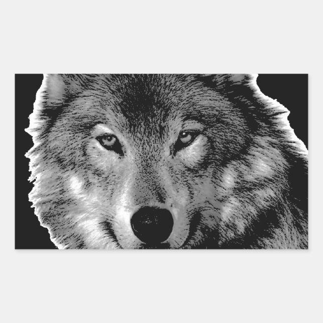 Black & White Wolf Artwork Rectangular Sticker (Front)