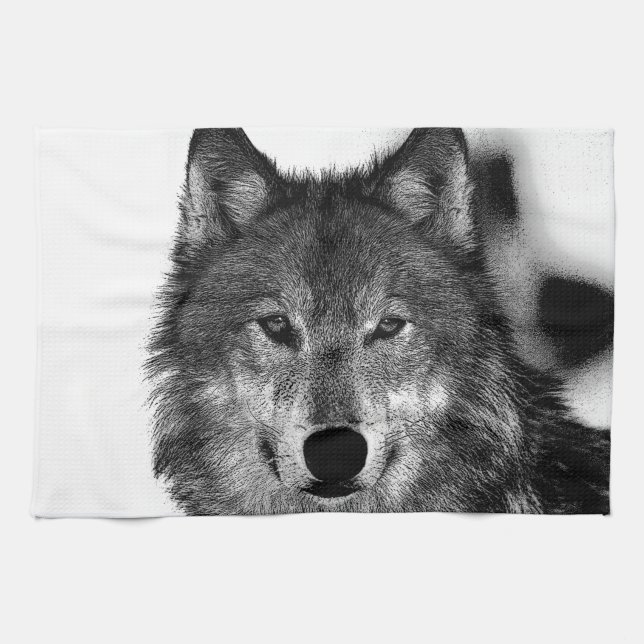 Black & White Wolf Artwork Tea Towel (Horizontal)