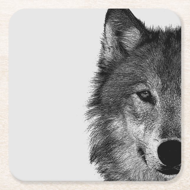 Black & White Wolf Eye Artwork Square Paper Coaster (Front)