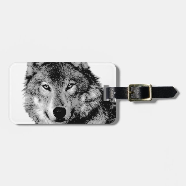 Black & White Wolf Luggage Tag (Front Horizontal)