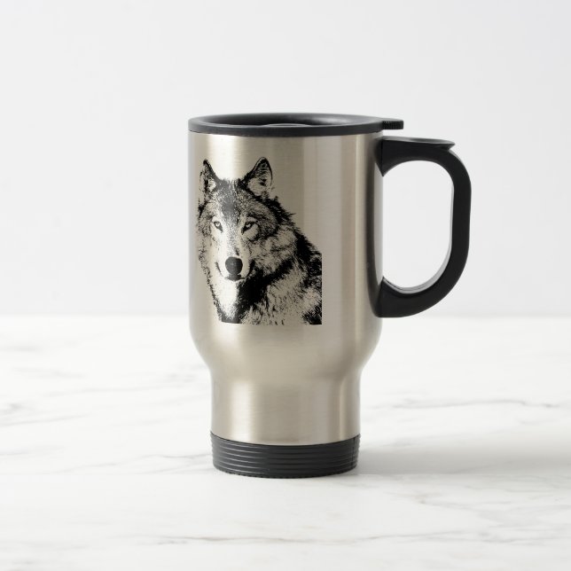 Black & White Wolf Travel Mug (Right)