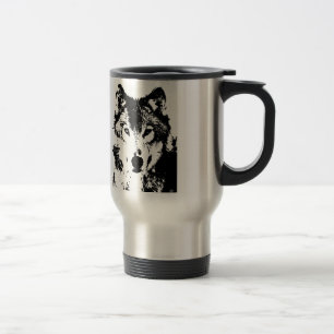Black & White Wolf Travel Mugs