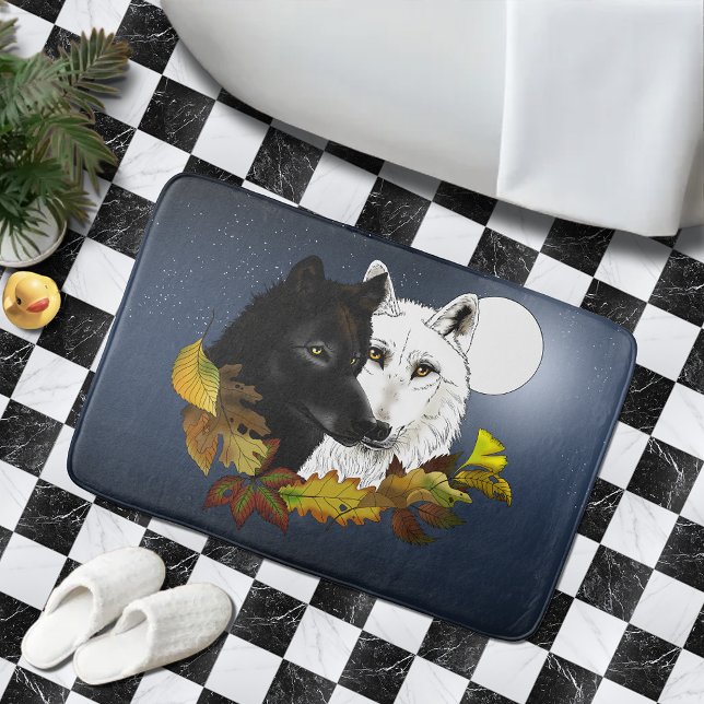 Black White Wolves Moonlight Autumn Leaves Bath Mat (Creator Uploaded)