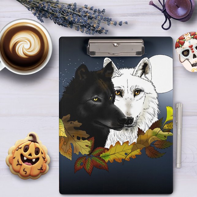 Black White Wolves Moonlight Autumn Leaves Clipboard (Creator Uploaded)