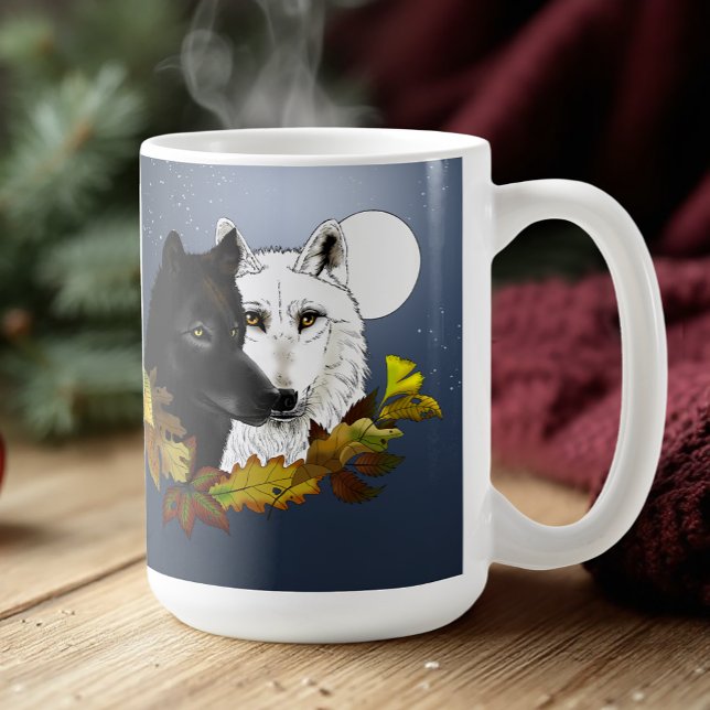 Black White Wolves Moonlight Autumn Leaves Coffee Mug (Creator Uploaded)