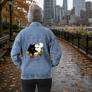 Black White Wolves Moonlight Autumn Leaves Denim Jacket
