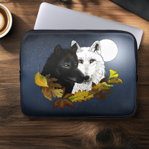 Black White Wolves Moonlight Autumn Leaves Laptop Sleeve