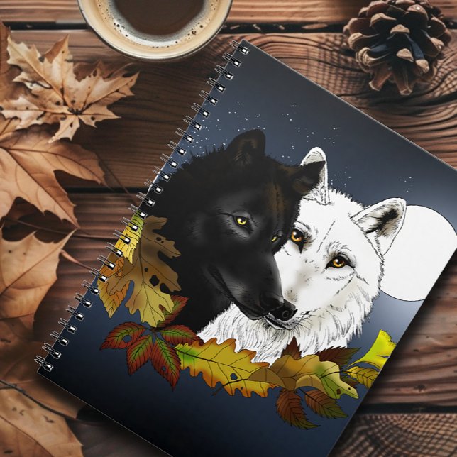 Black White Wolves Moonlight Autumn Leaves Notebook (Creator Uploaded)