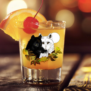Black White Wolves Moonlight Autumn Leaves Shot Glass