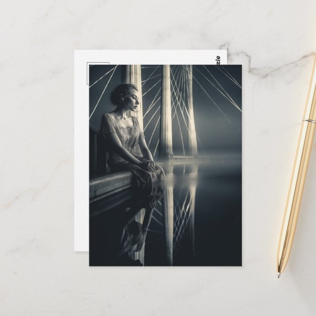 Black White Woman at the Bridge Double Exposure Postcard (Front/Back In Situ)