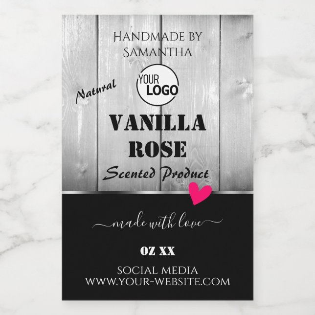 Black White Wood Grain Product Labels Heart Logo  (Single Label)