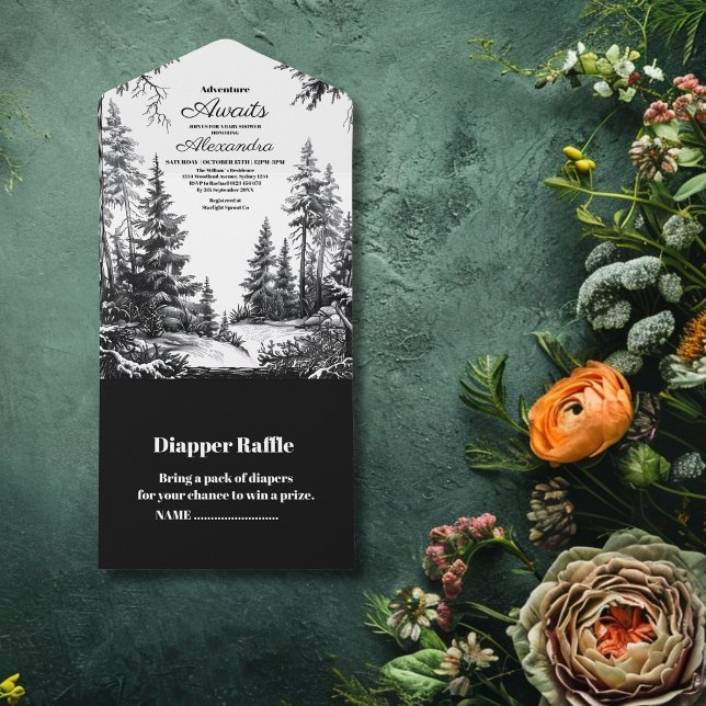 Black White Woodland Adventure Baby Shower All In One Invitation (Creator Uploaded)