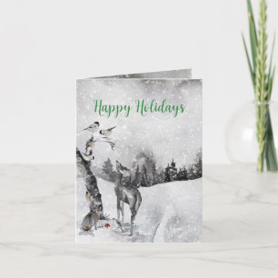 Black & White Woodland Animals Snowy Gathering Holiday Card